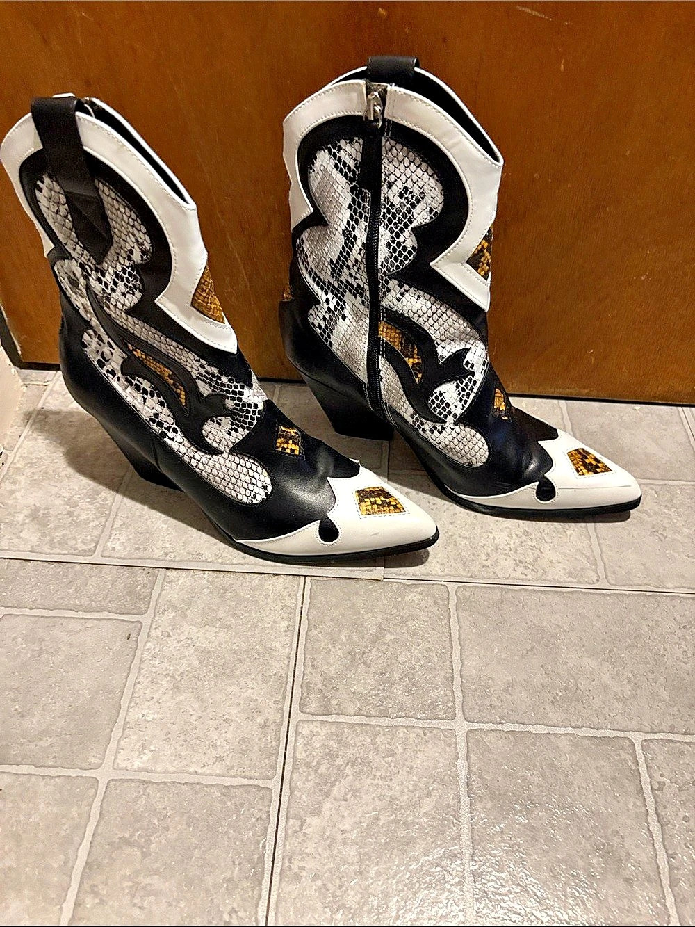Black & White Snake Printed Heeled Boots